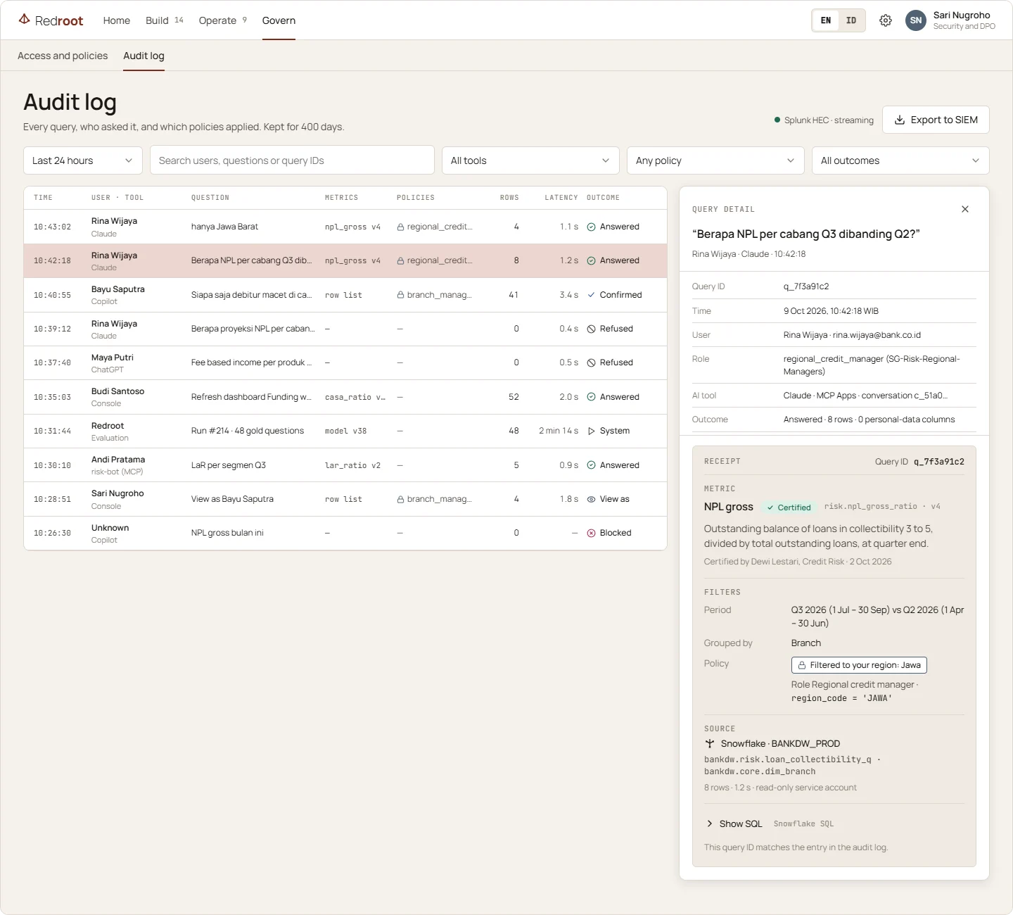Audit log with a query open: user, AI tool, role, policies applied and the receipt the user saw in chat.
