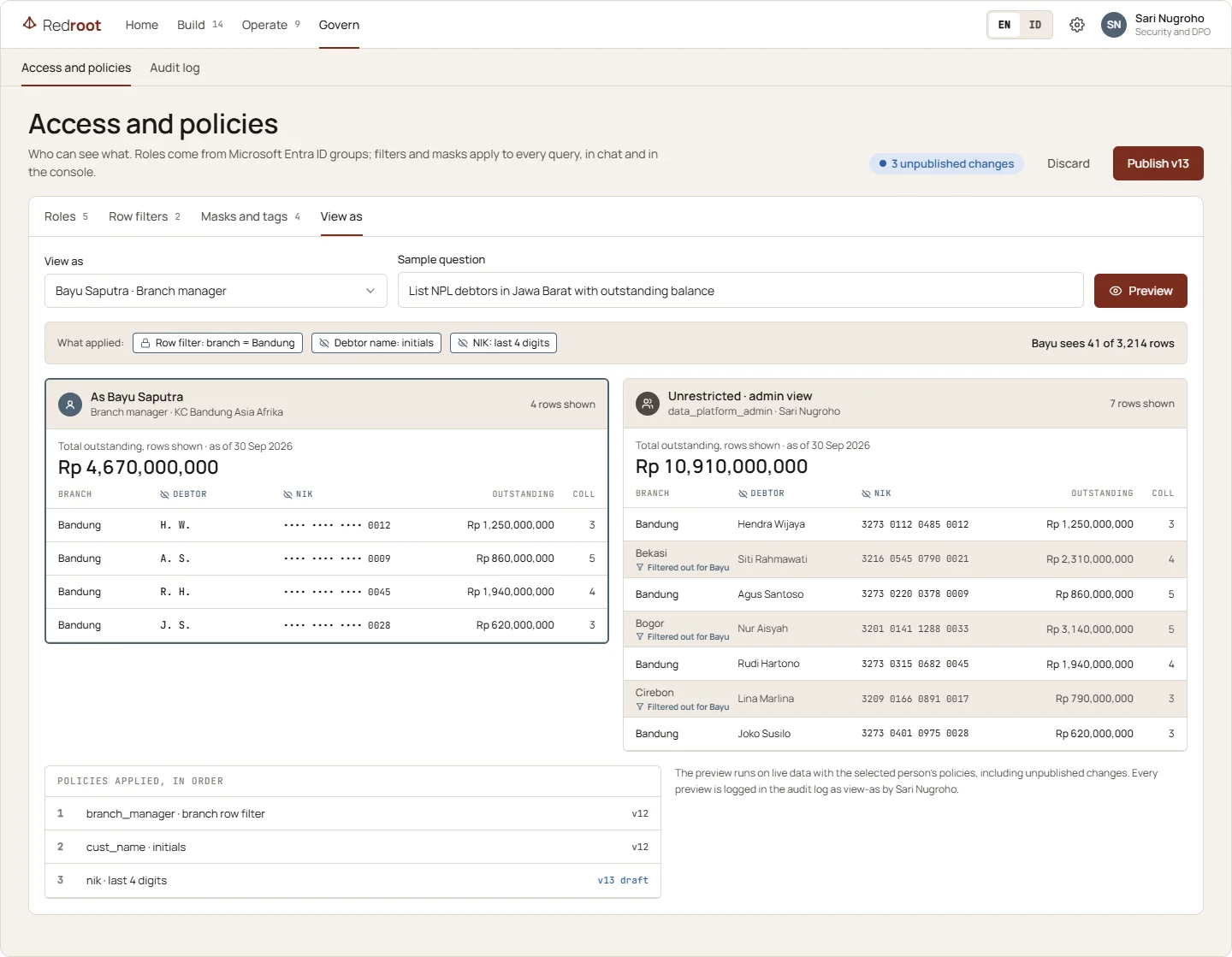 Access and policies, View as: the answer a branch manager would get beside the unrestricted view, with other branches filtered out and personal data masked.