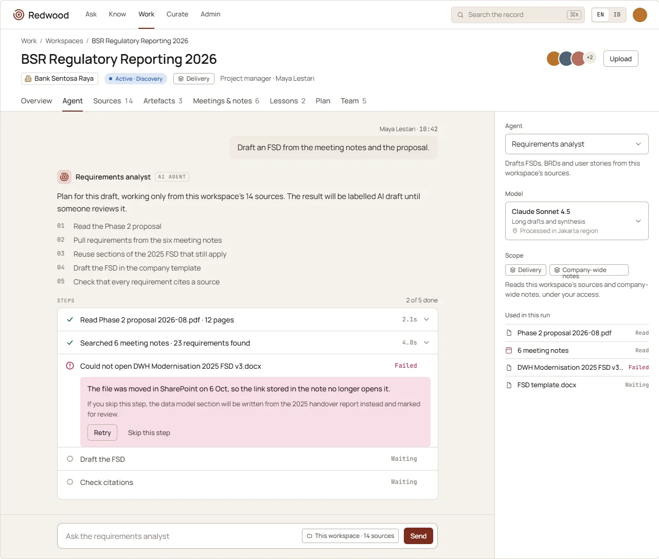 A project agent's plan and tool steps, with a failed step offering Retry or Skip.