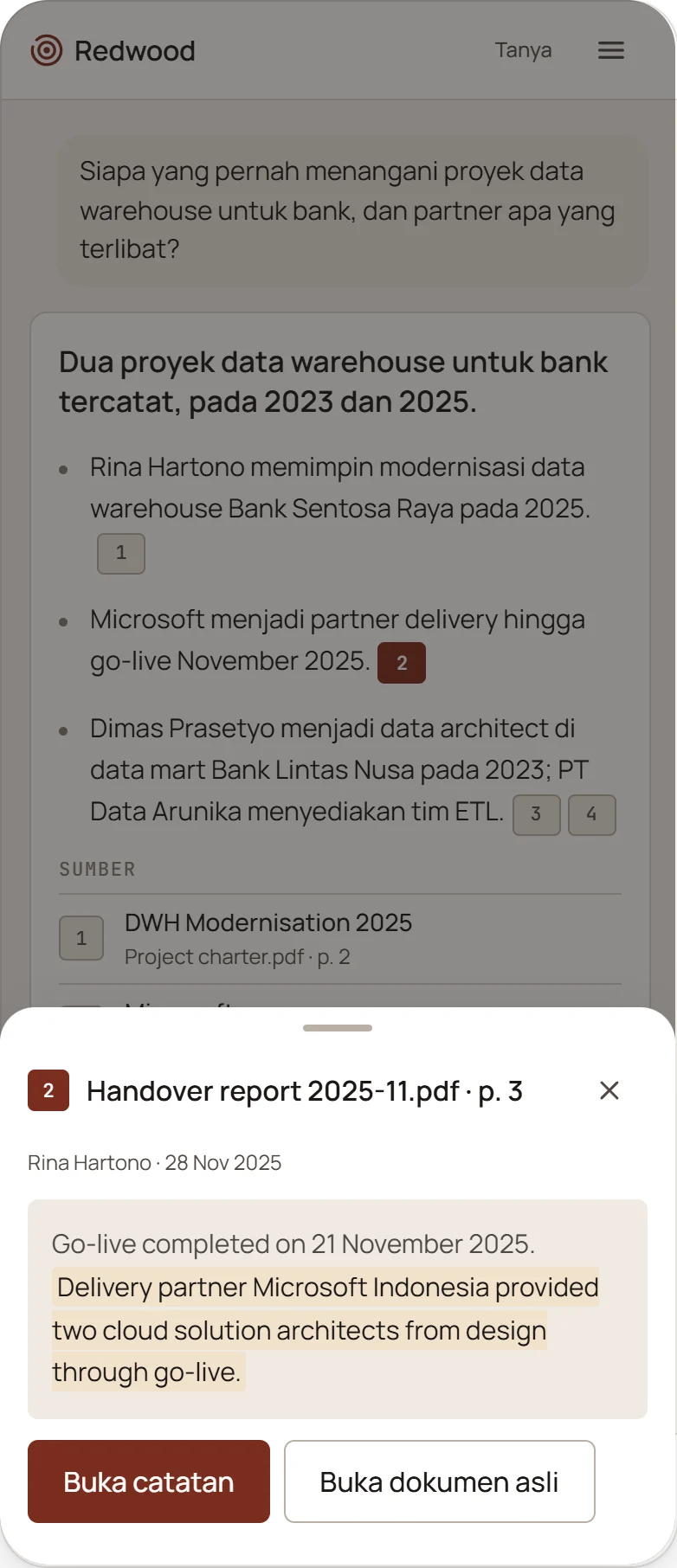 A cited answer in Indonesian on a phone, with source [2] open in a bottom sheet.