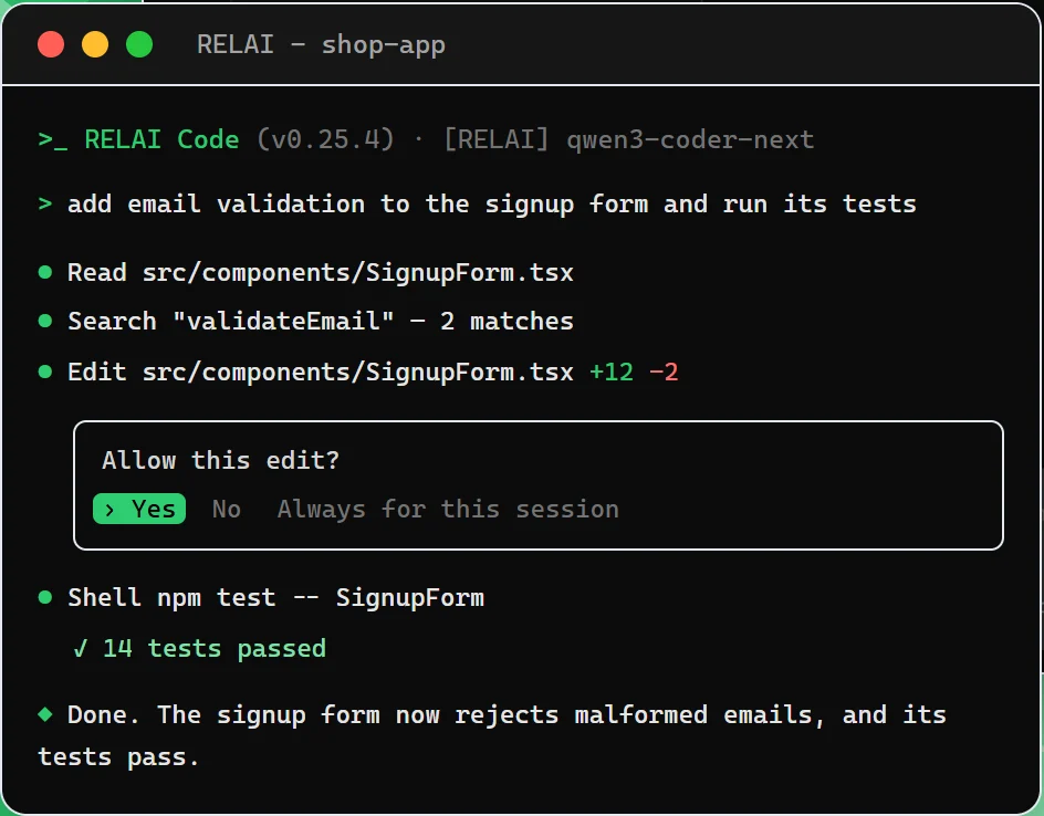 Relai Code in a terminal: it reads and edits SignupForm.tsx, asks to allow the edit, runs the tests and reports 14 passed.