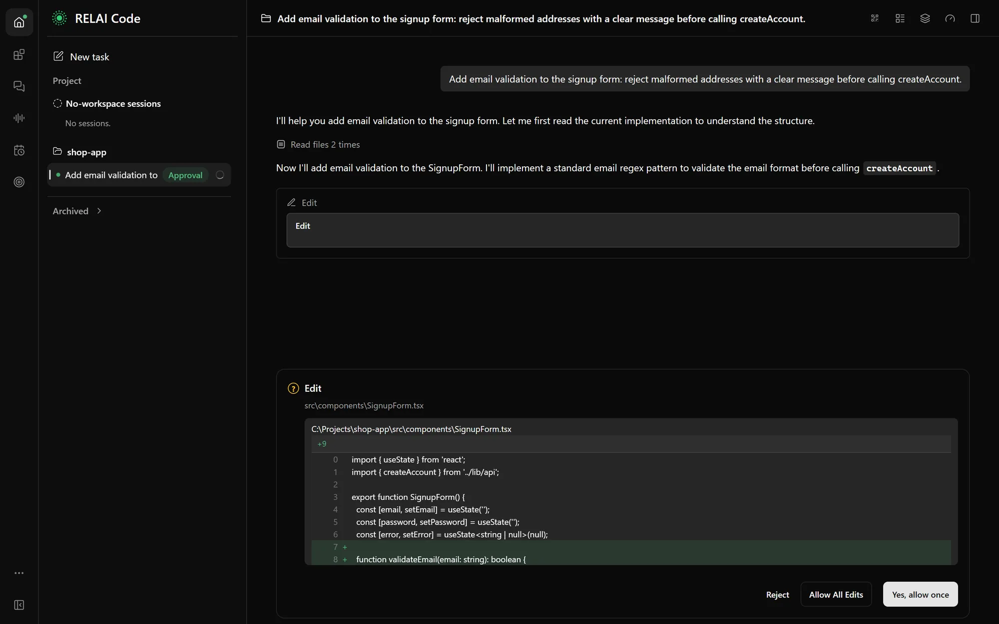 Relai Desktop asking for approval before applying an edit to SignupForm.tsx, with Reject, Allow all edits and Yes, allow once.