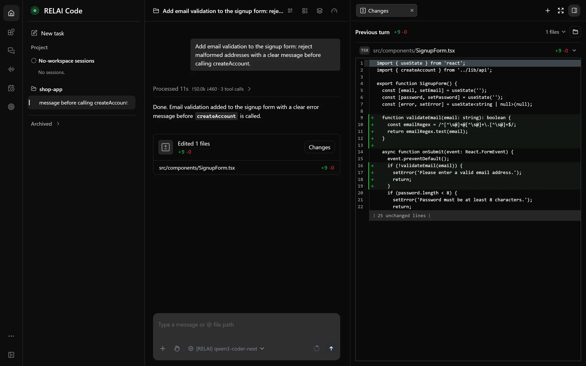 Relai Desktop showing a finished task beside a side-by-side diff of SignupForm.tsx with nine added lines.