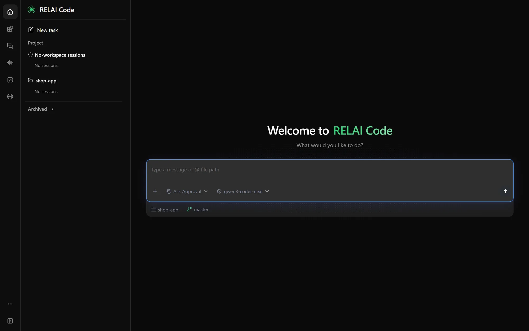 Relai Desktop welcome screen with a task box, Ask approval mode and the qwen3-coder-next model selected.
